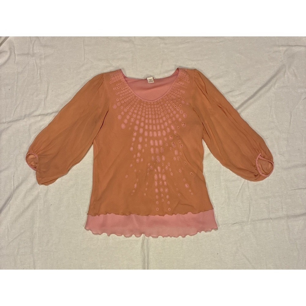 Sundance Women's Top Large Orange Grunge Fairy Boho Silk Peasant Blouse Sheer